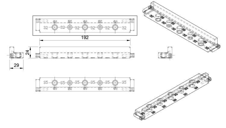Schemat techniczny 5-otworowego szablonu z wymiarami i układem tulei co 32mm