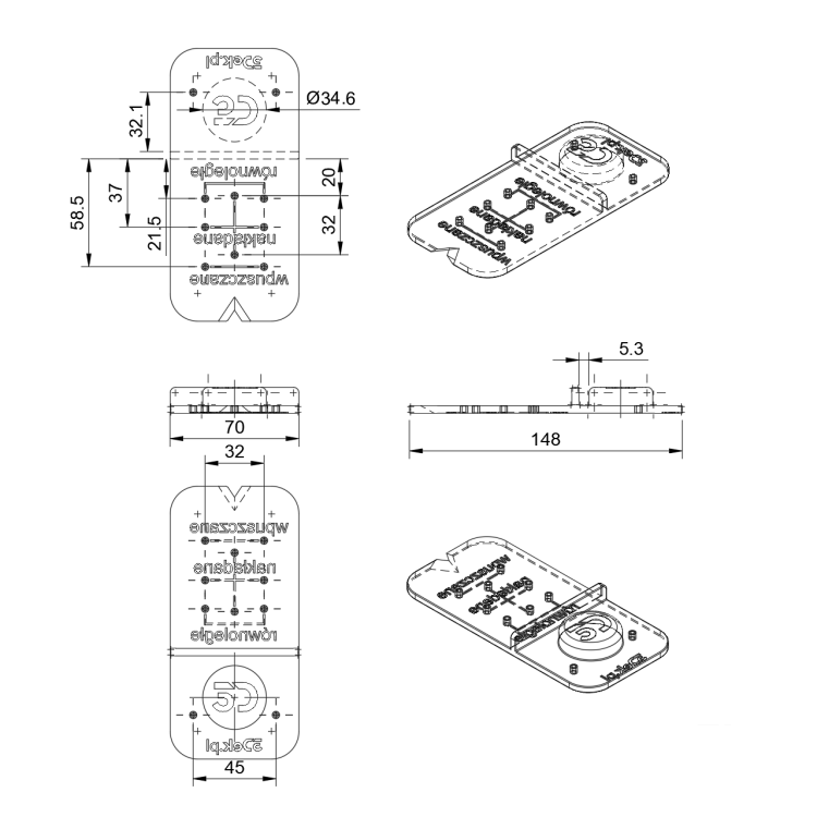 rysunek techniczny szablon do montażu prowadnikow frontów z wywierconą puszką pod zawias równoległy, nakładany, wpuszczany.png