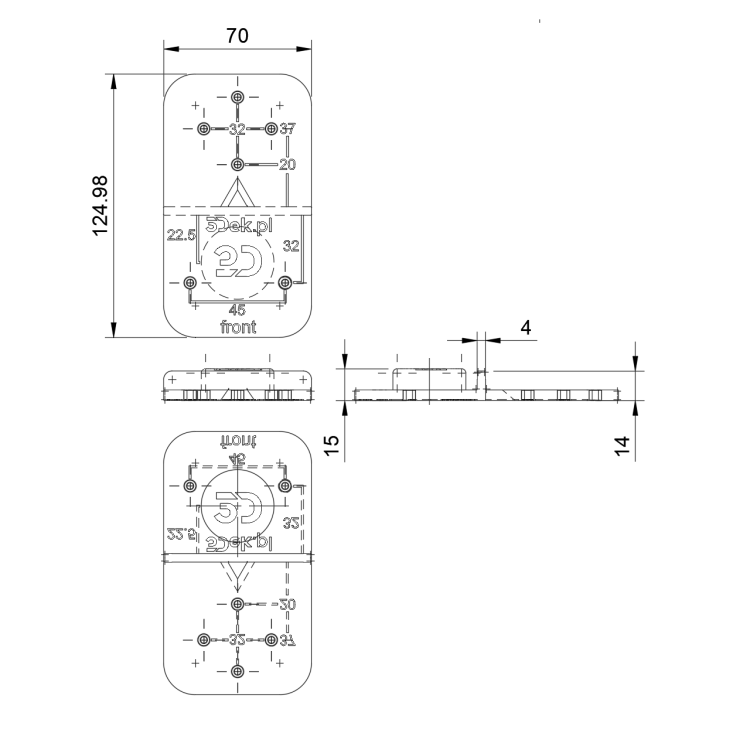 szablon do montażu zawiasów i prowadników meblowych nakładanych z wywierconą puszką rysunek techniczny