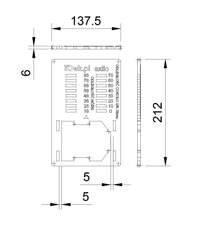 Schemat techniczny z wymiarami regulacji od 28 do 88mm oraz cokołu od 10 do 70mm